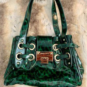 Jimmy Choo Green Black Leopard Print Patent Leather Roquette Bag
